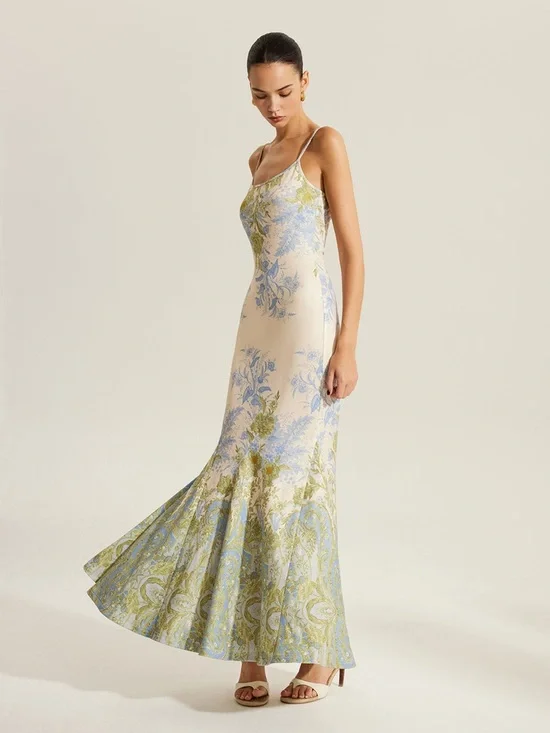 Commense Cream Slip Maxi Dress with Blue and Green Floral Print - Picture 3 of 3